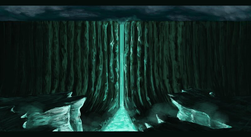 dark cavern with glowing waterfall