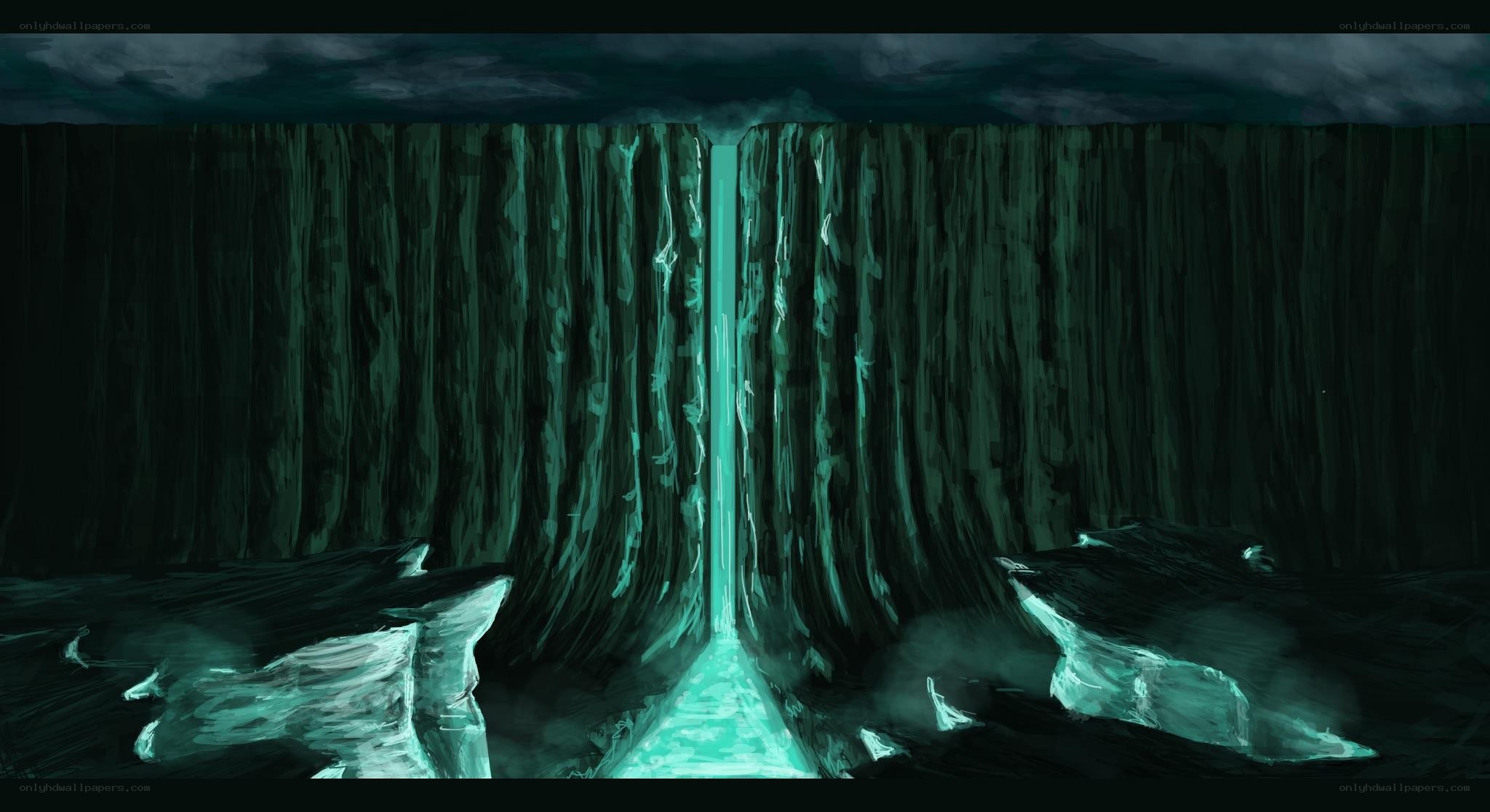 dark cavern with glowing waterfall