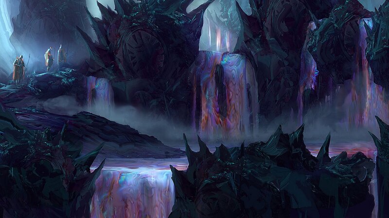 dark cavern with glowing waterfalls