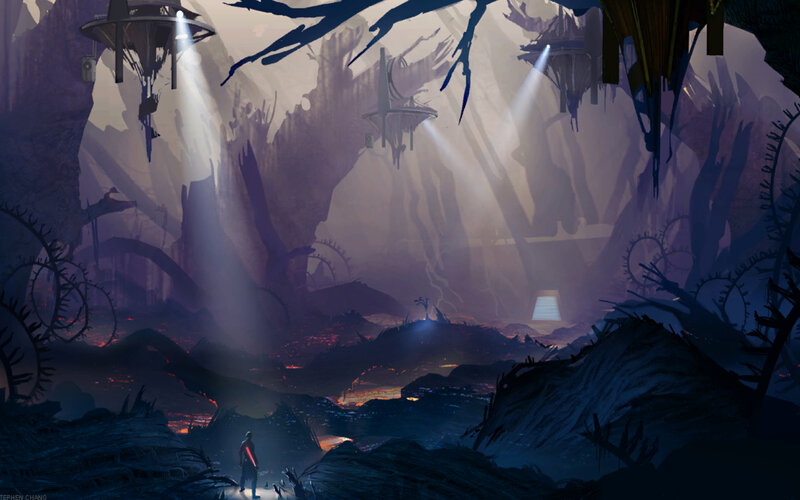 dark cavern with lightsabers