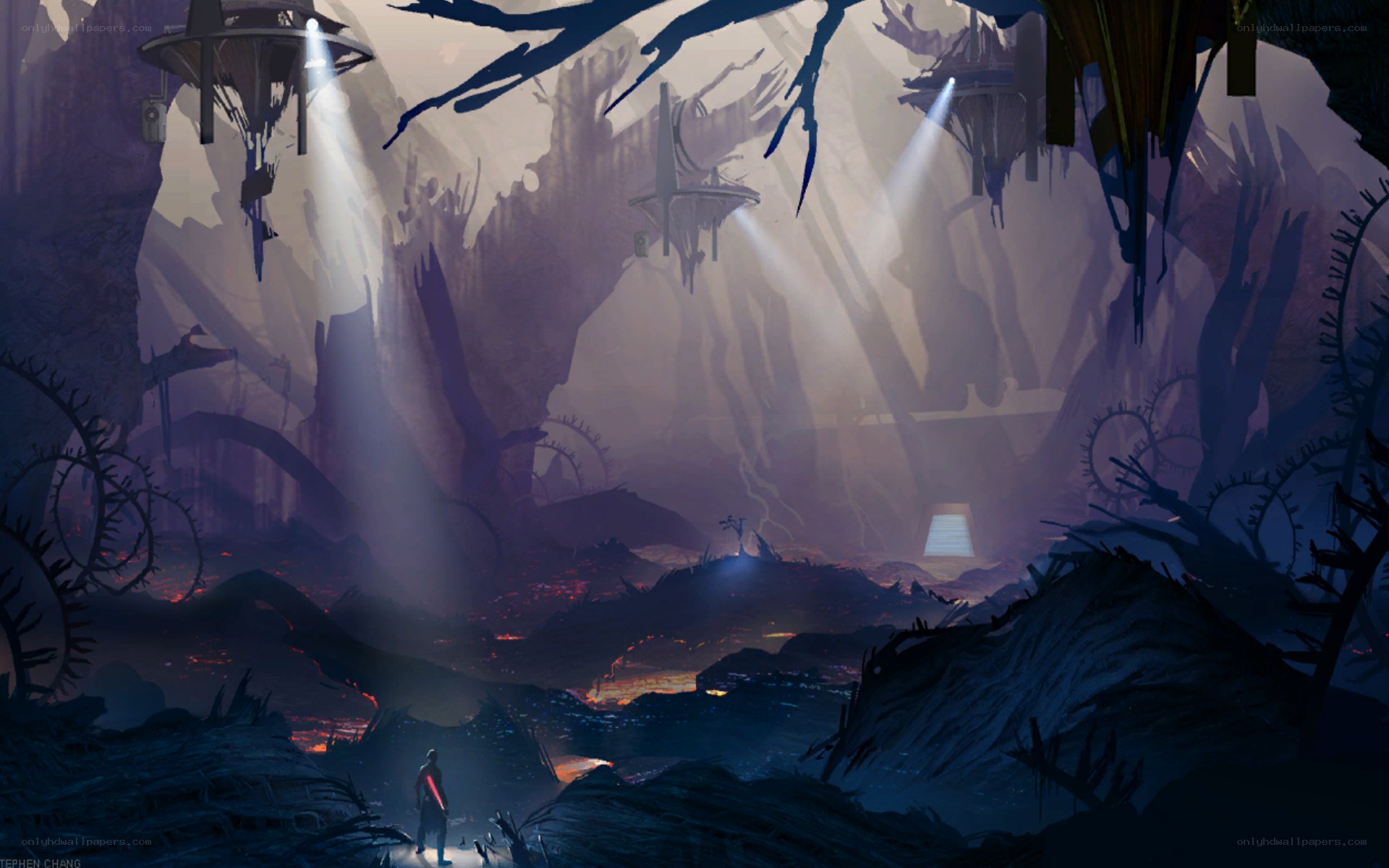 dark cavern with lightsabers