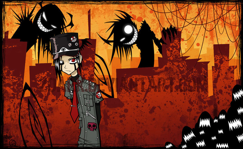 dark character in a cityscape