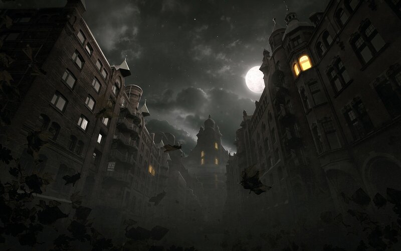 Dark city at night with moon