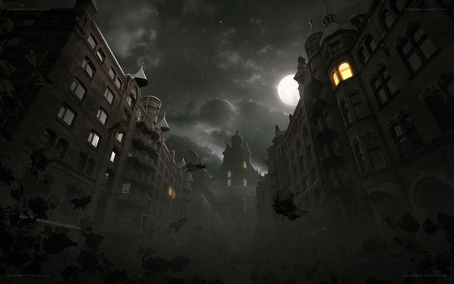 Dark city at night with moon