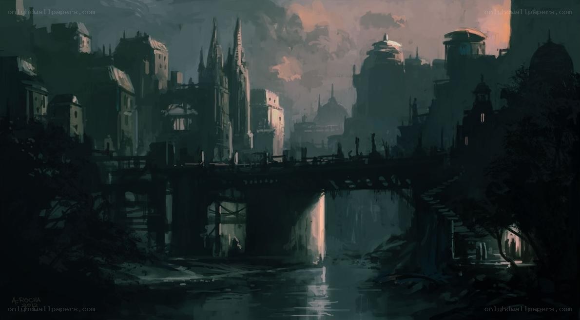 Dark city by river at dusk