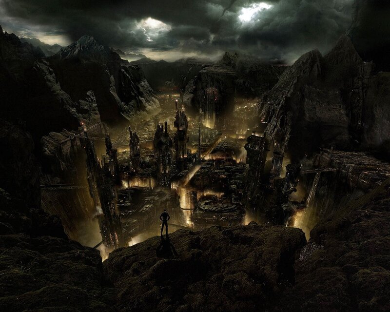 Dark city in a mountain valley