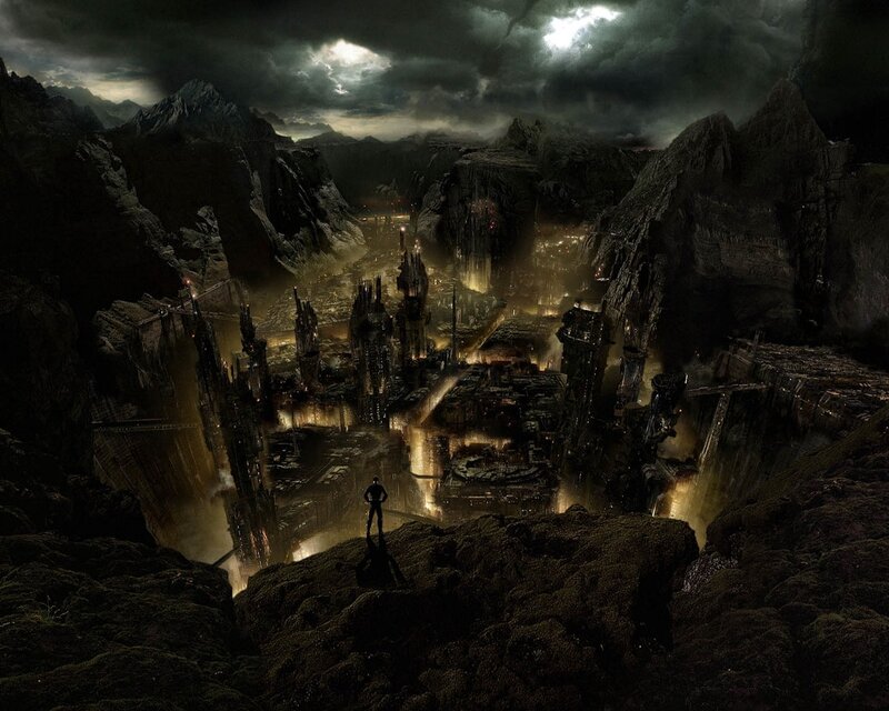 dark city in mountain valley