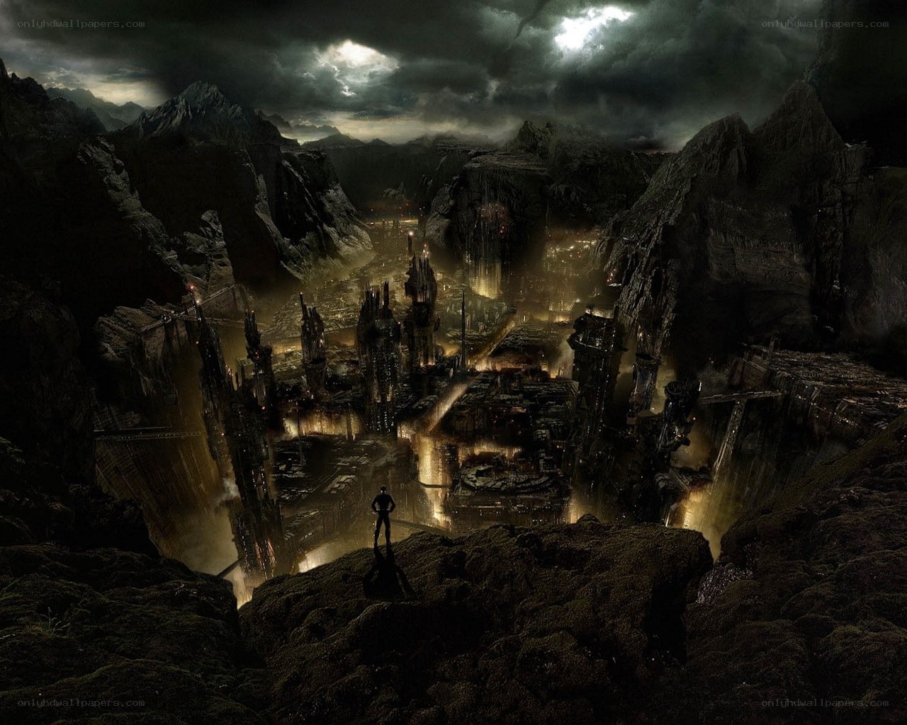 dark city in mountain valley