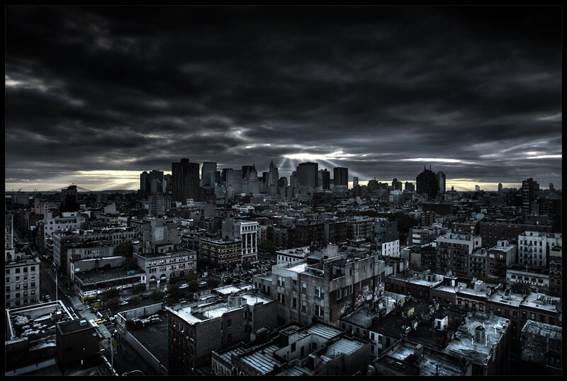 dark city skyline at dusk