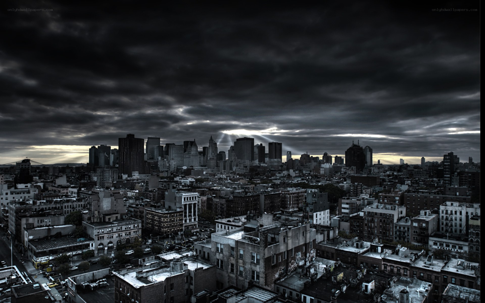 Dark city skyline at dusk