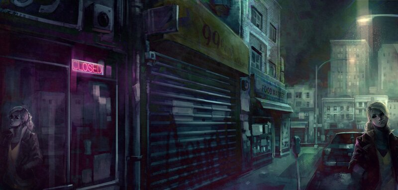Dark city street at night