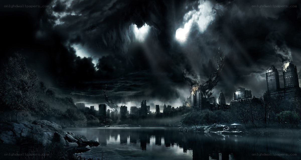 Dark city under stormy sky