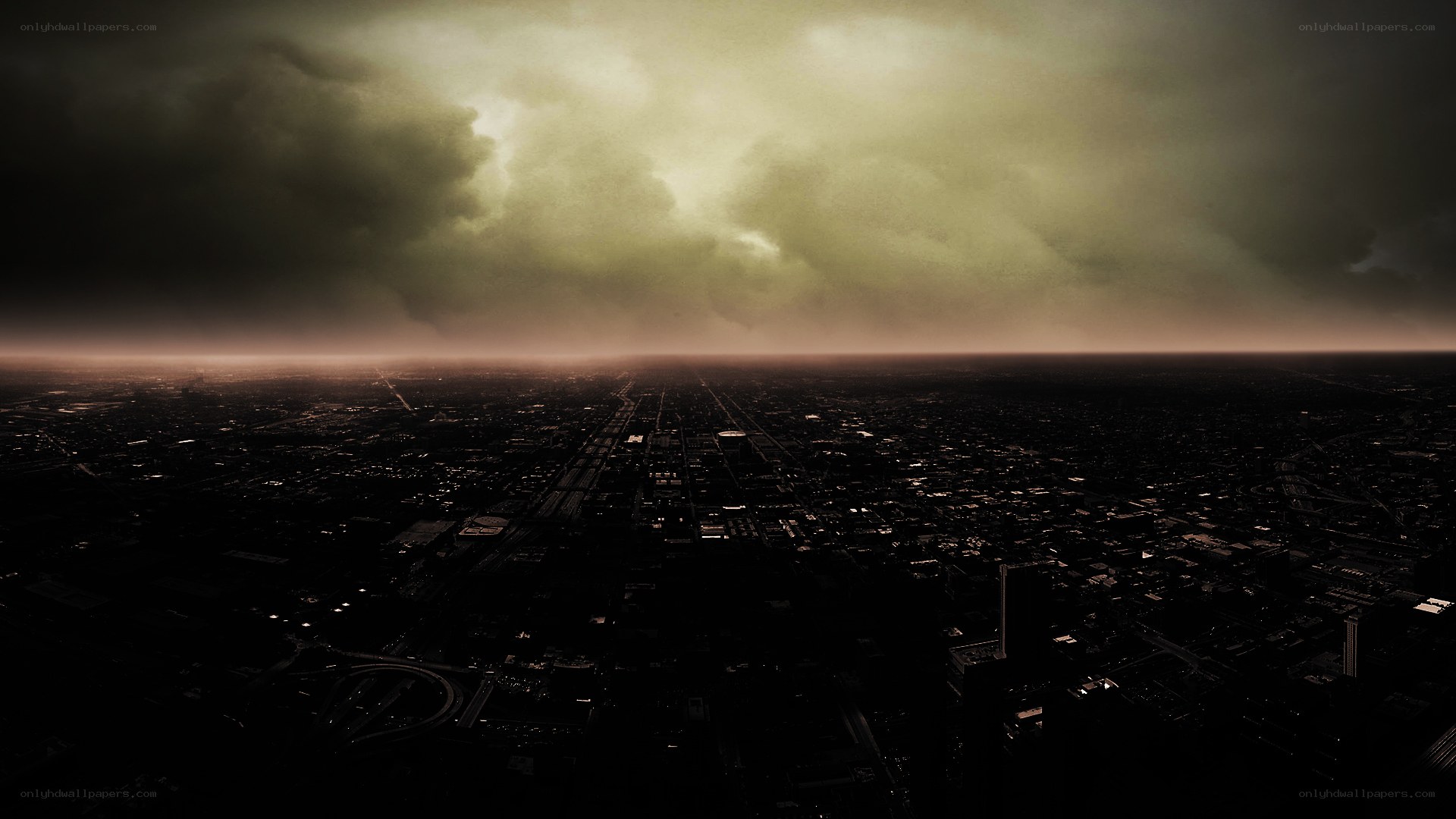 dark city under stormy sky