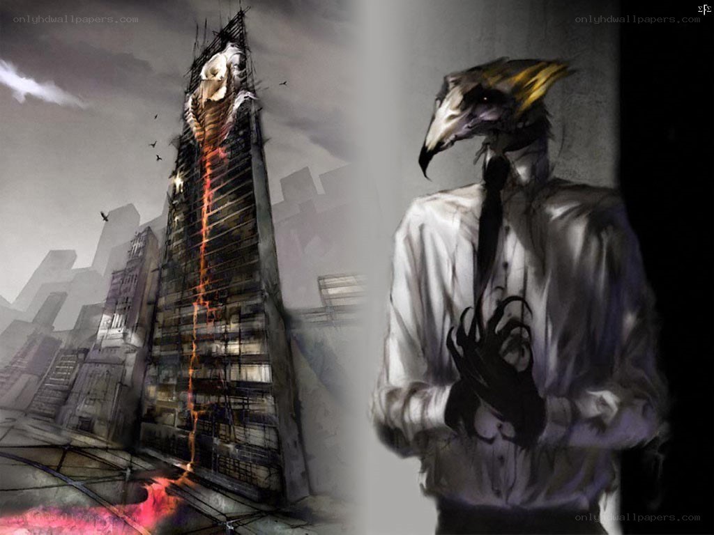 dark city with bird-headed figure