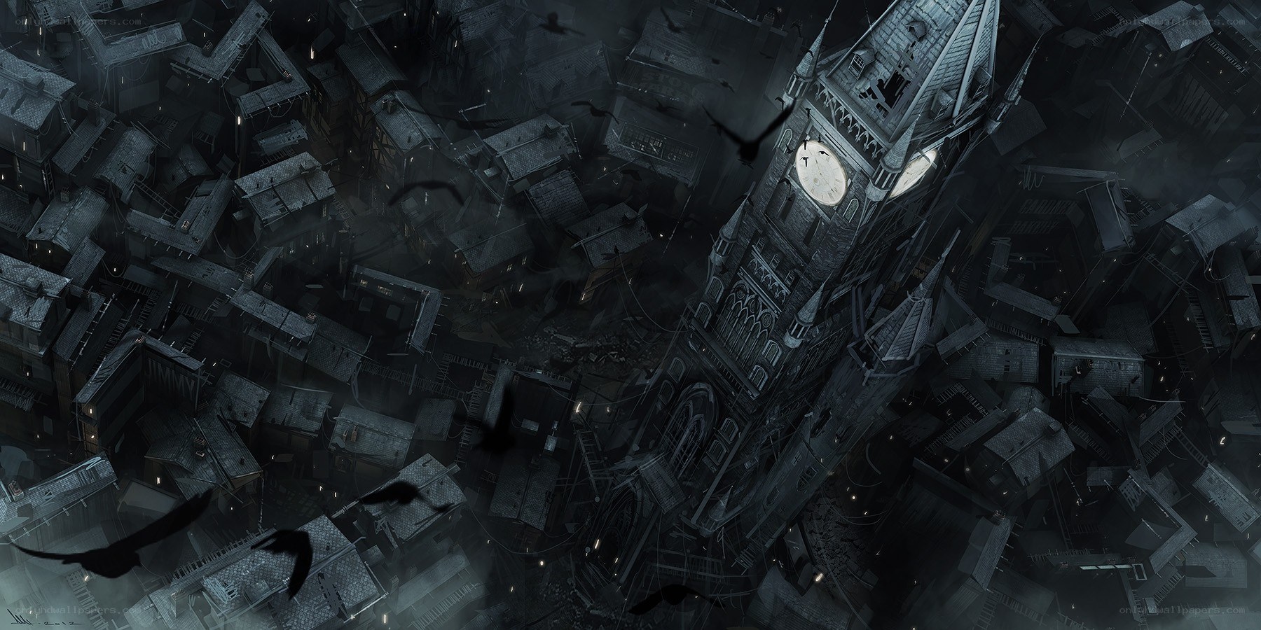 Dark city with clock tower