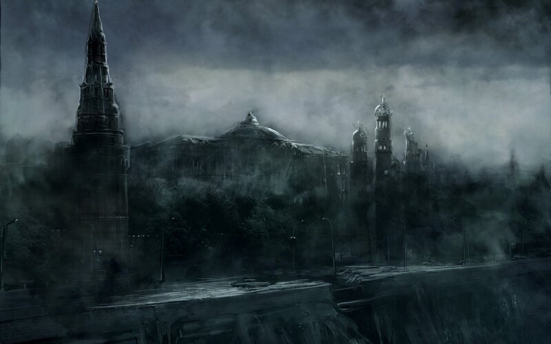 Dark cityscape in fog