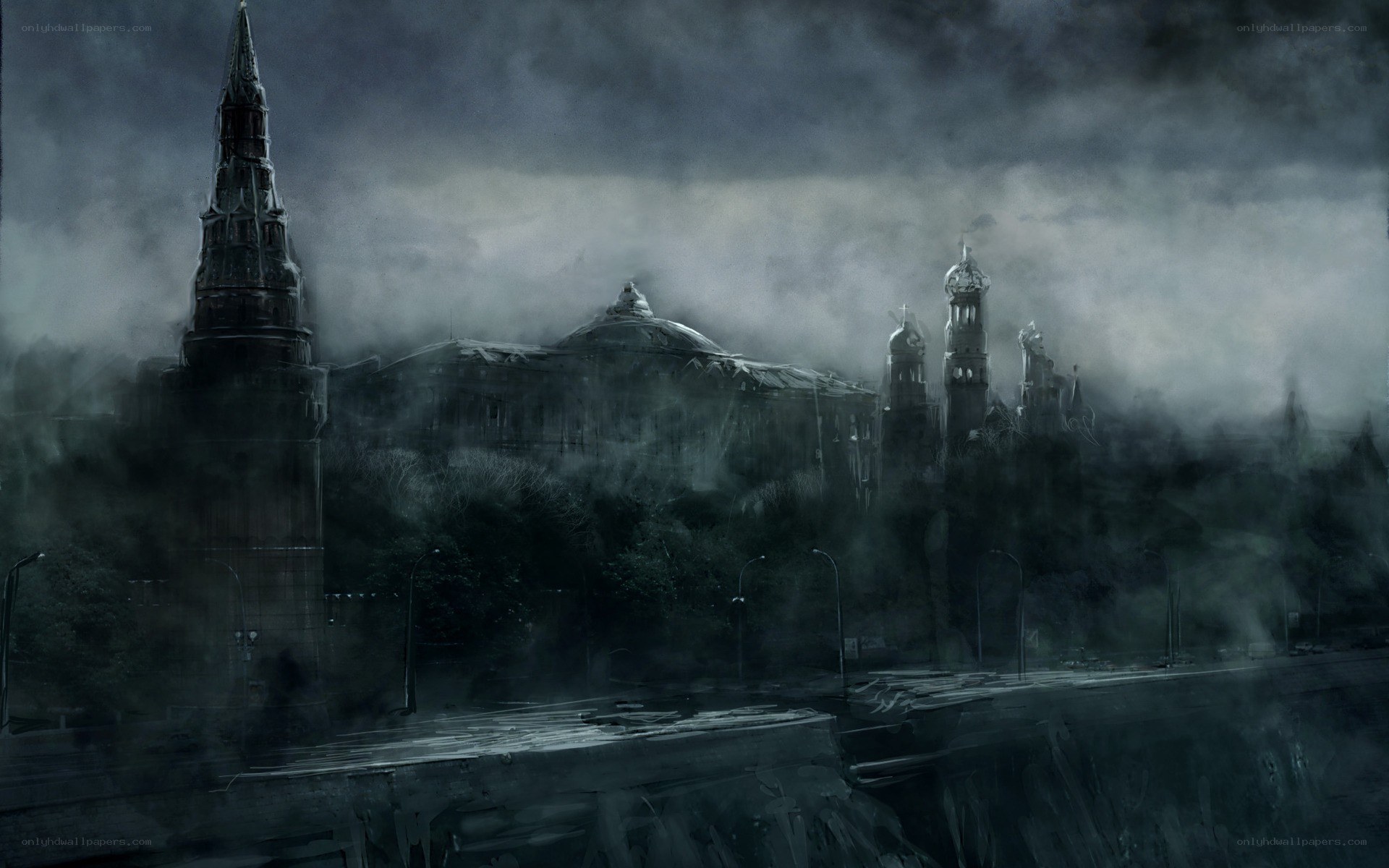 Dark cityscape in fog