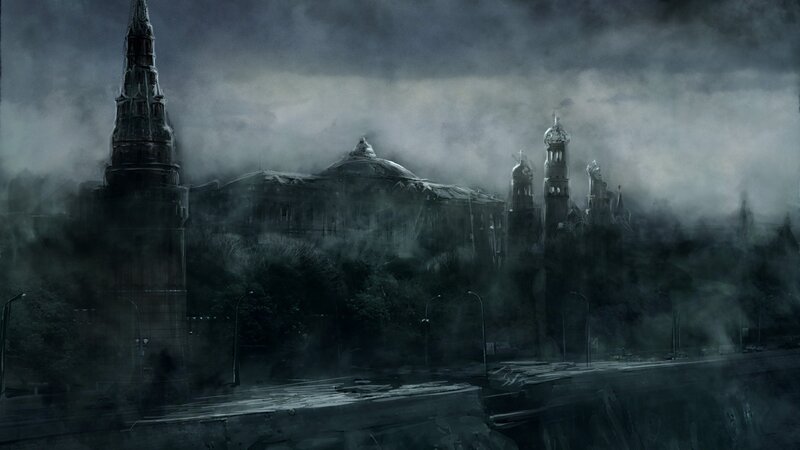 Dark cityscape in fog