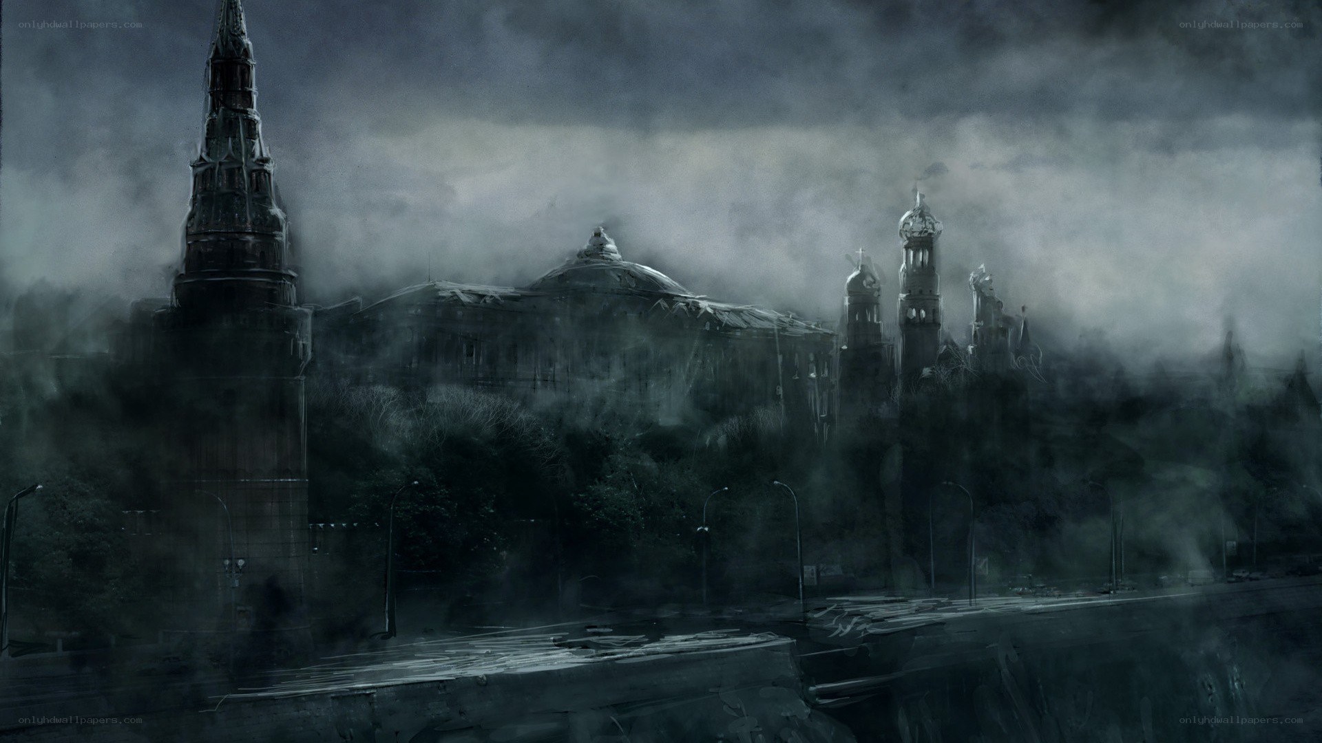 Dark cityscape in fog