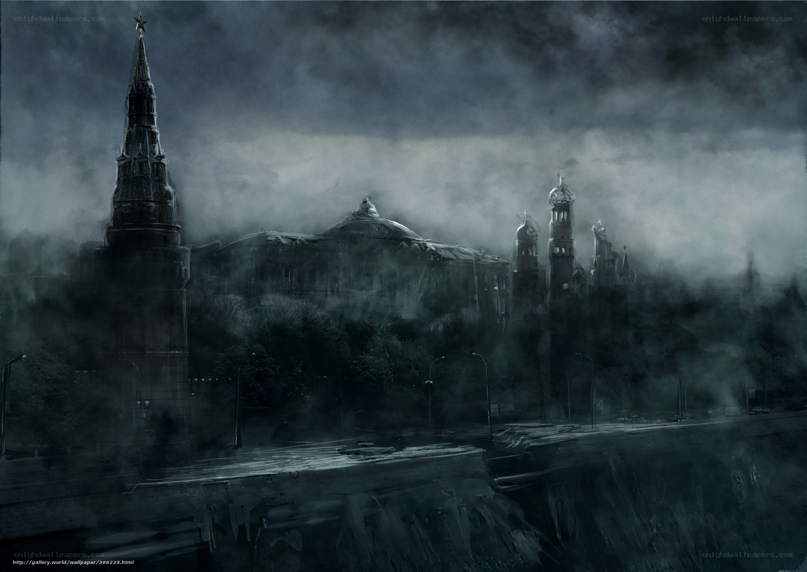 Dark cityscape with fog