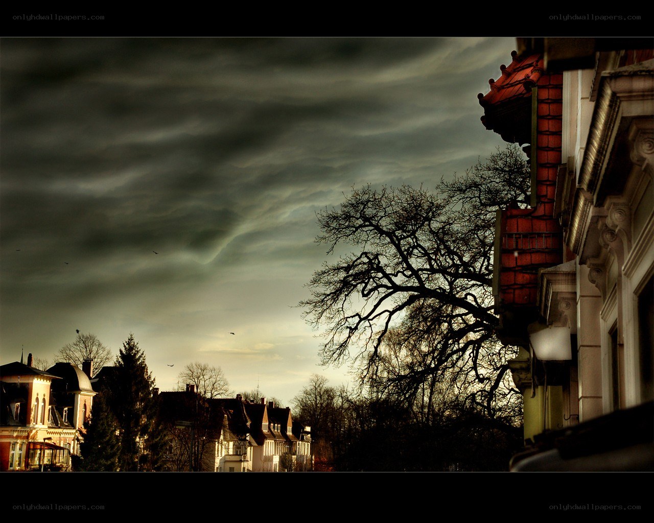 Dark clouds over a European town