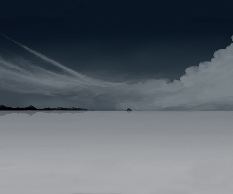 dark clouds over salt flats