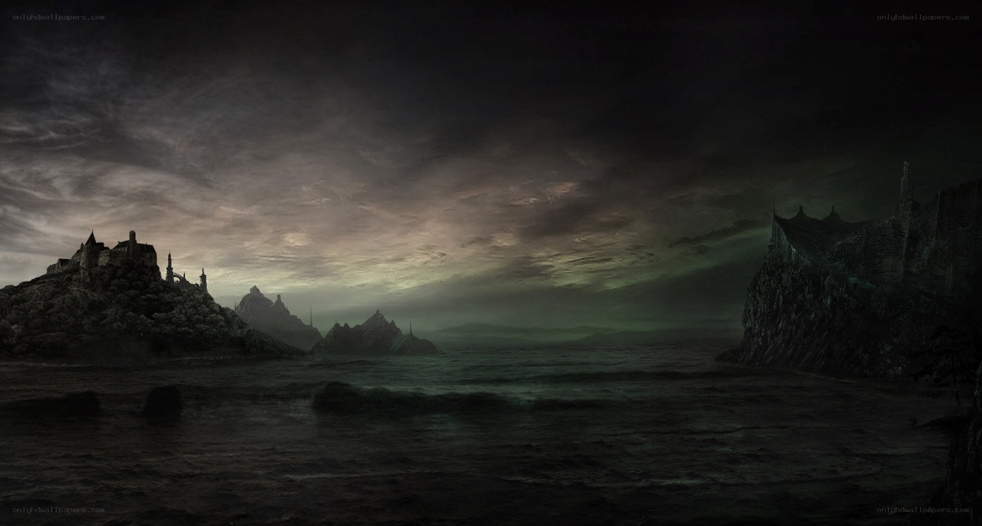 Dark coastal fortress landscape