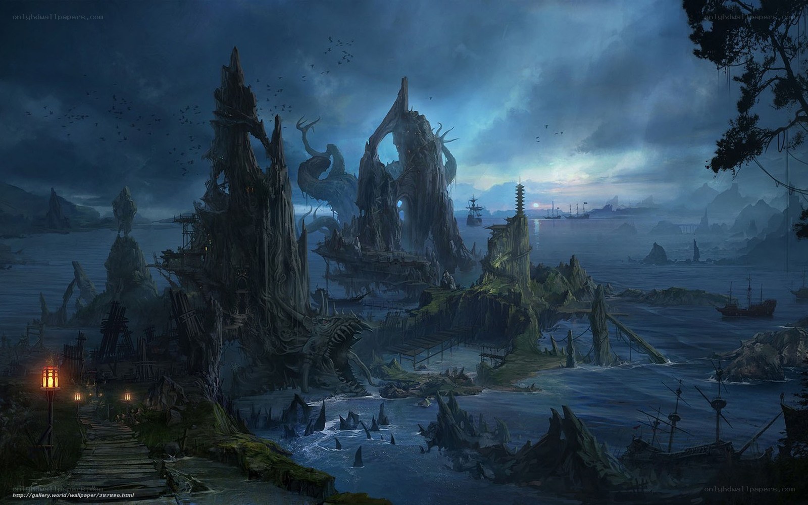 Dark coastal ruin landscape