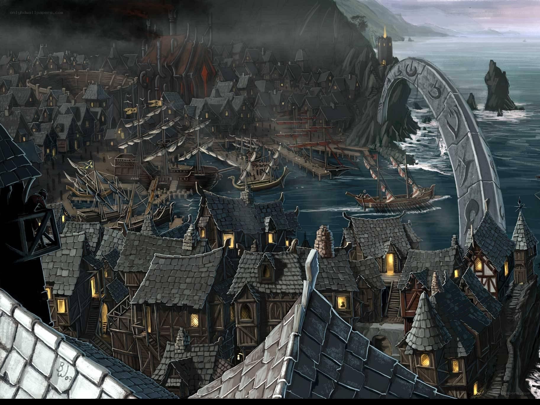 Dark coastal town at dusk
