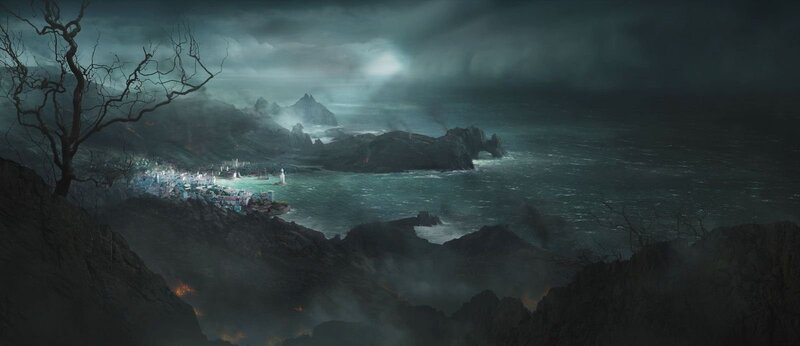 dark coastal village at night