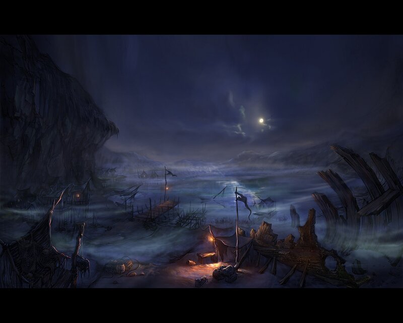 Dark coastal village at night