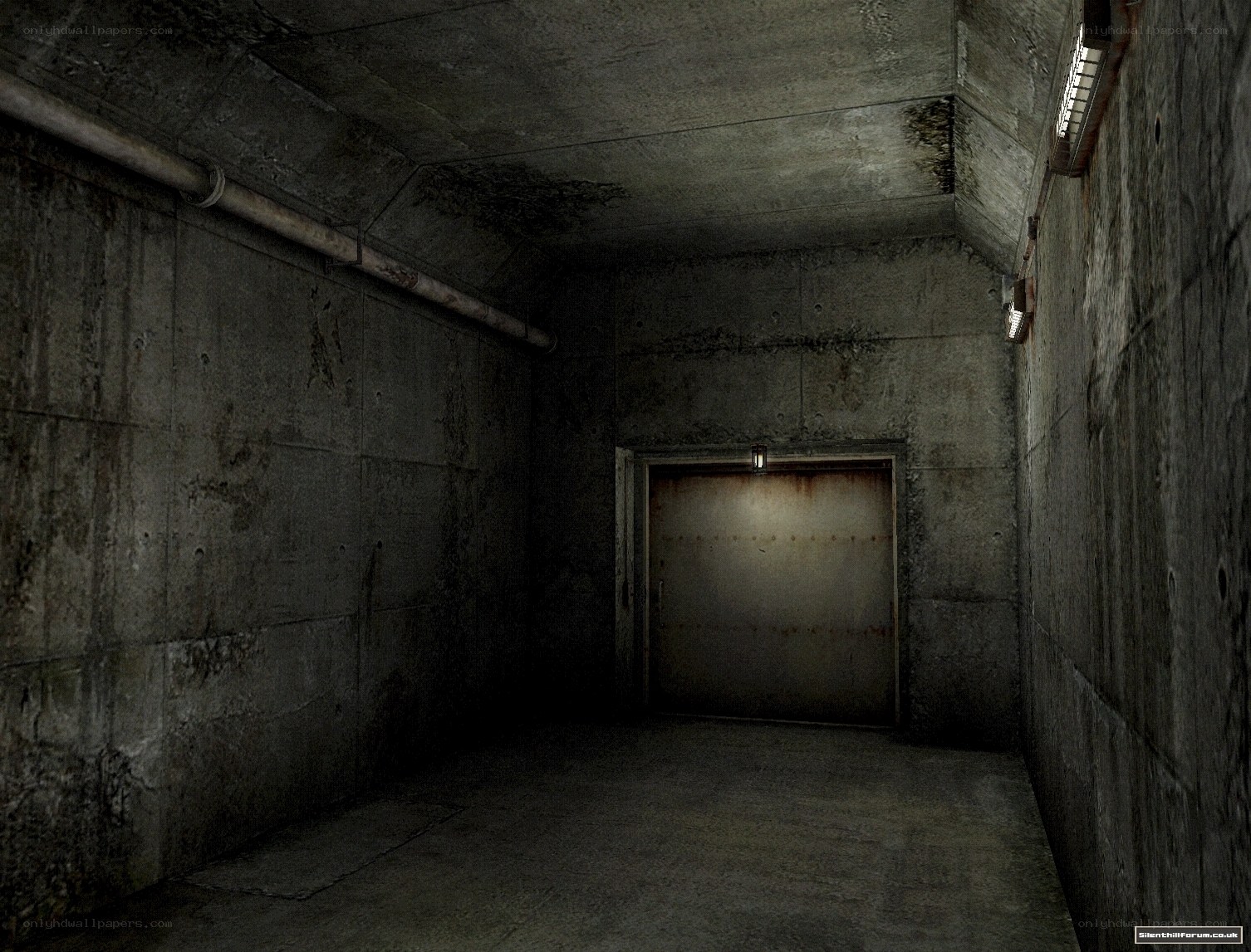 dark concrete corridor with door