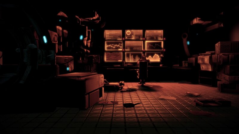 dark control room with glowing screens