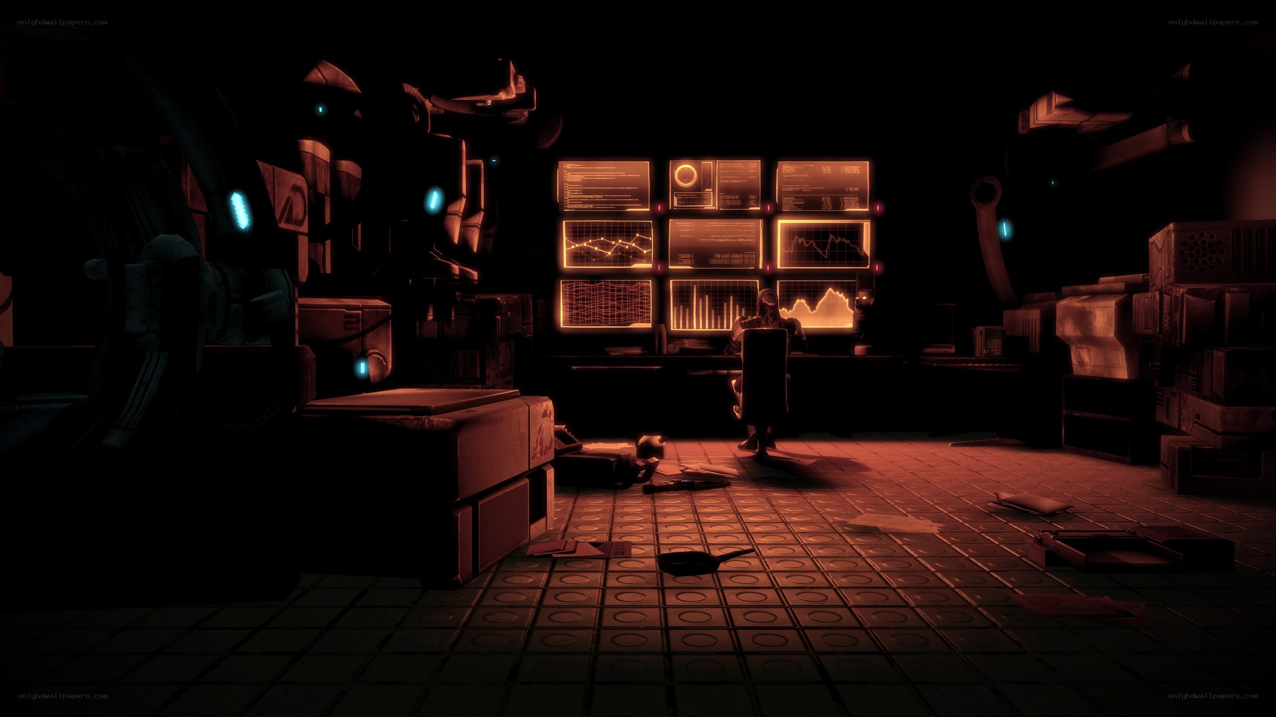 dark control room with glowing screens
