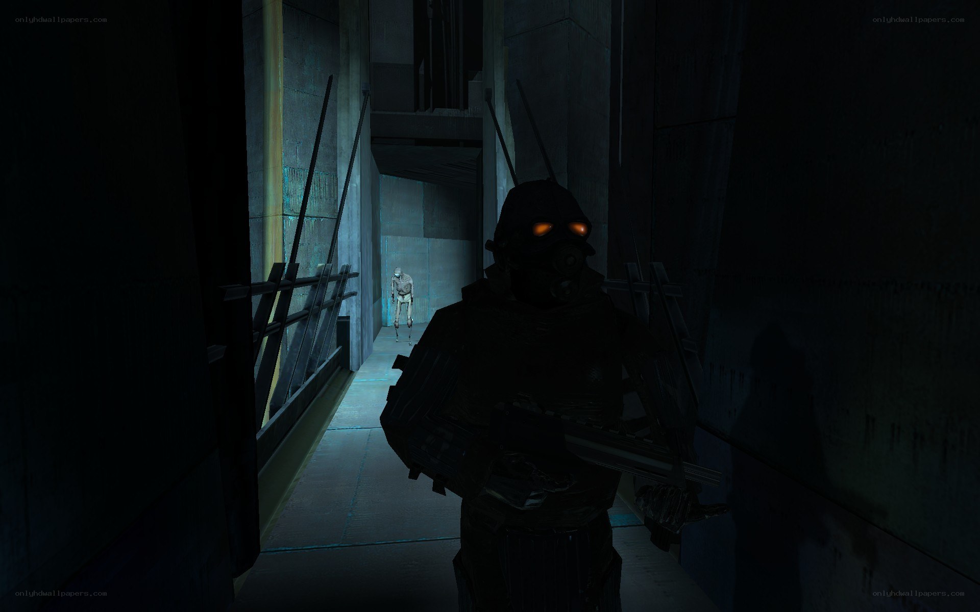 dark corridor with armed figure