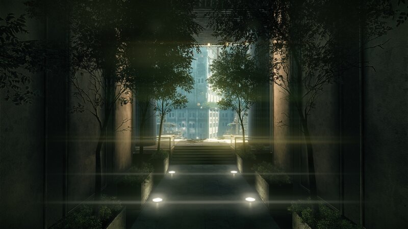 dark corridor with city view
