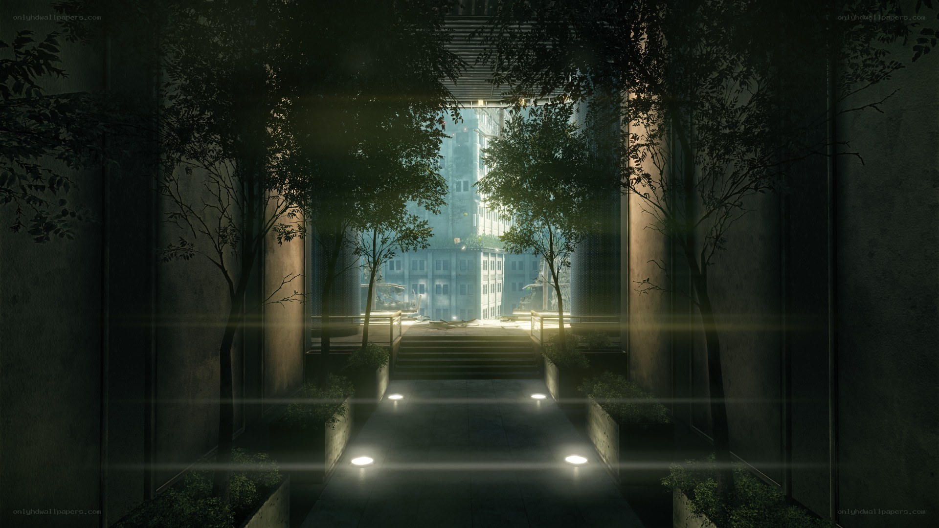 dark corridor with city view