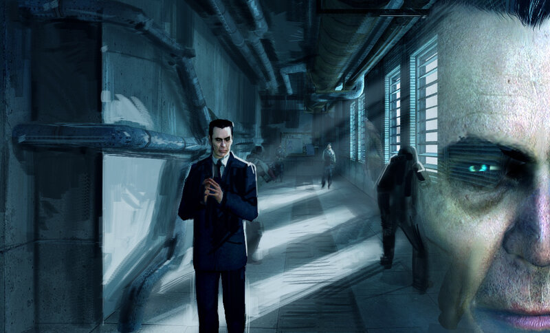 dark corridor with man in suit