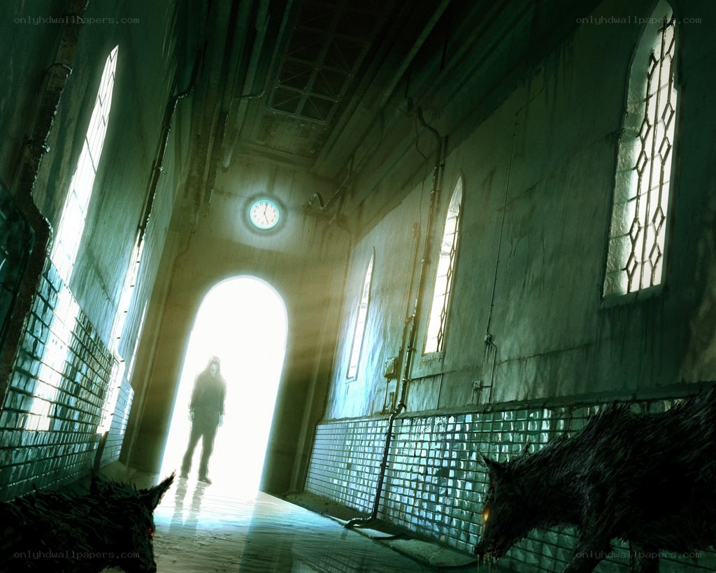 Dark corridor with wolves and figure