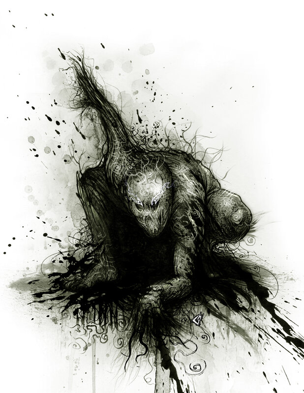 Dark Creature with Glowing Eyes — Black, Dramatic, Digital Art, Splatters