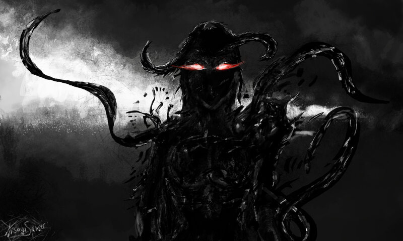Dark Creature with Glowing Eyes — Black, Dramatic, Night, Digital Art