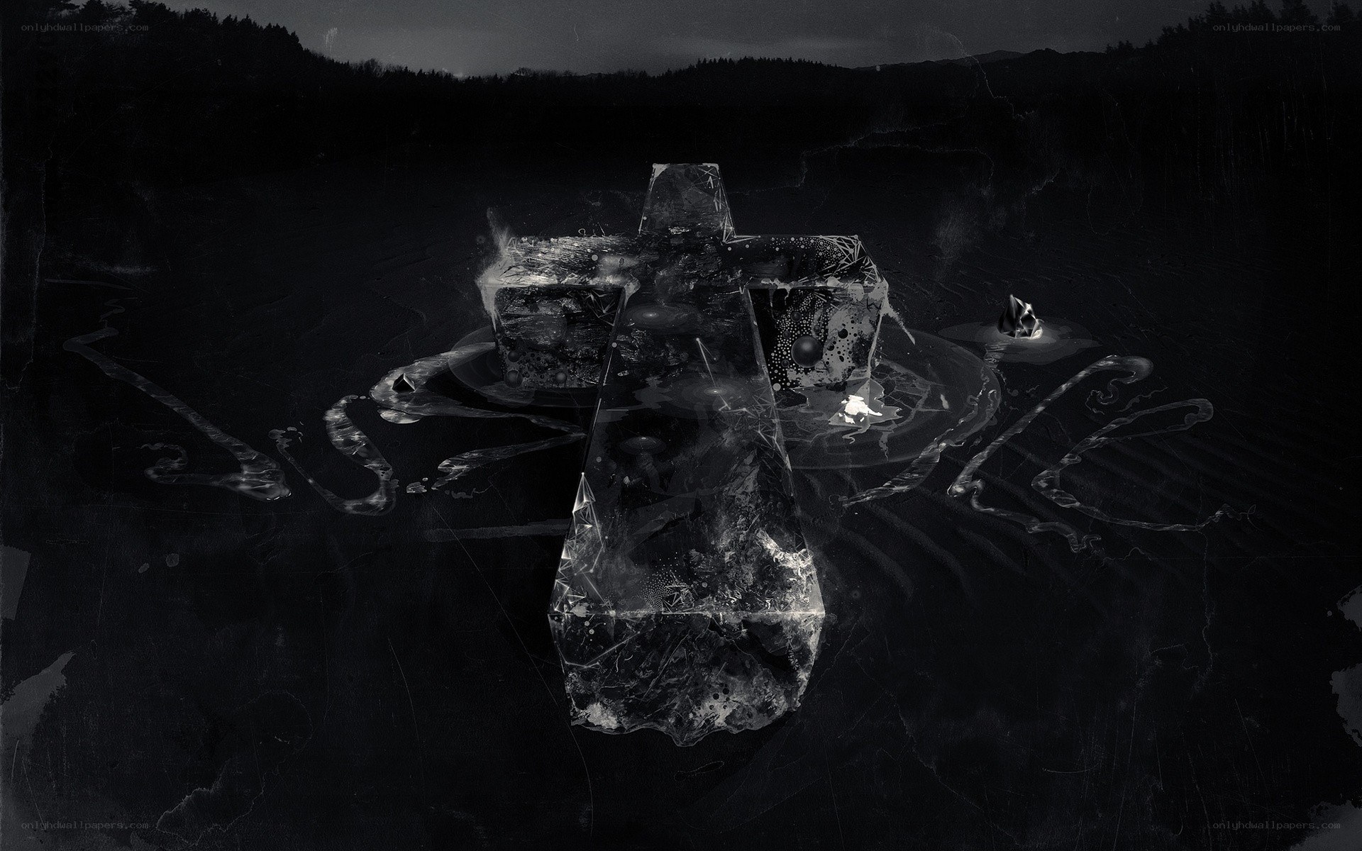 Dark cross on frozen lake