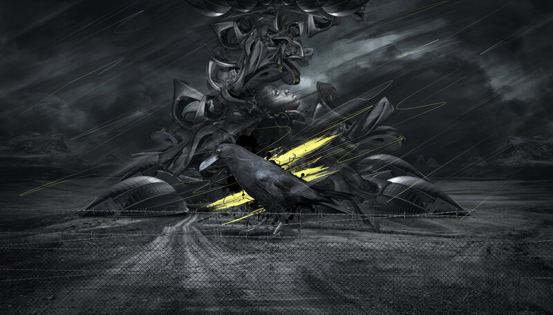 Dark crow in a stormy landscape