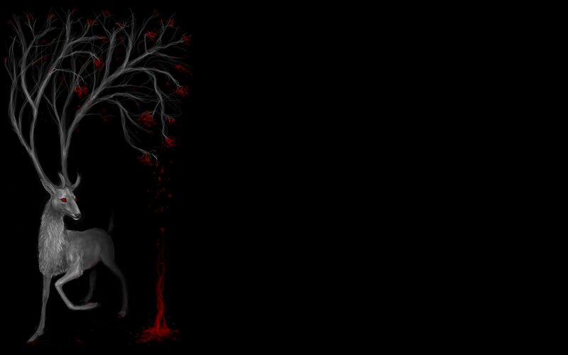 dark deer with red leaves