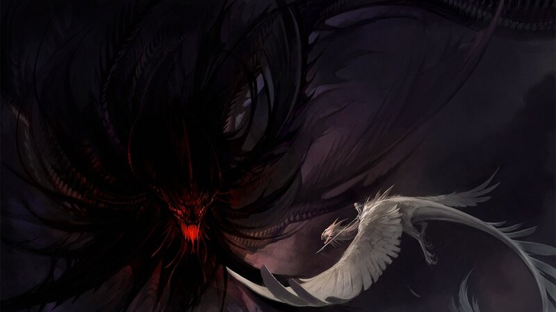 Dark dragon confronts white phoenix