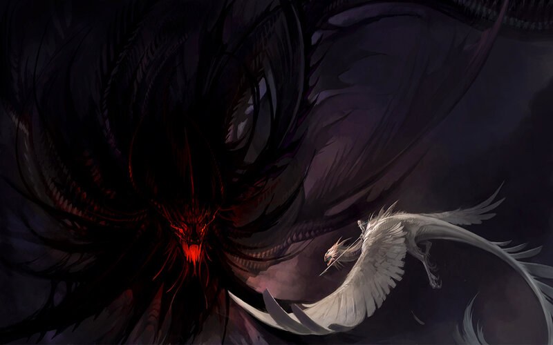 Dark dragon confronts white phoenix