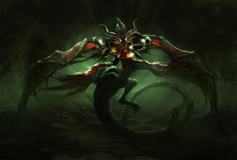 Dark Dragon Creature — Green, Dramatic, Night, Digital Art