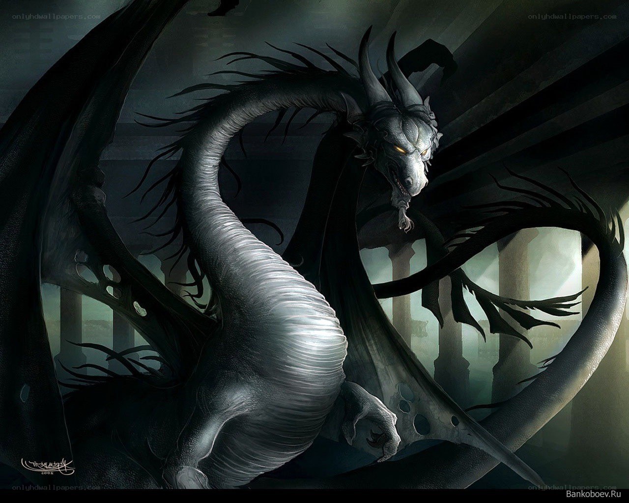 Dark dragon in ancient ruins