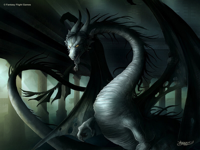 Dark dragon in ancient ruins