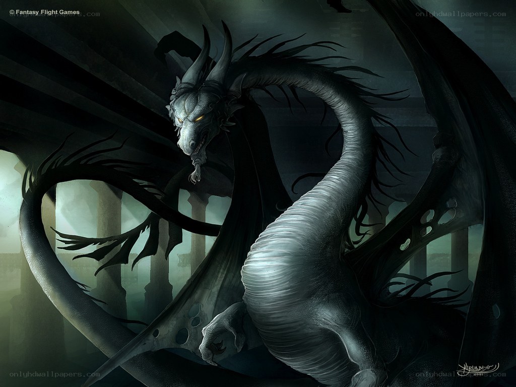 Dark dragon in ancient ruins